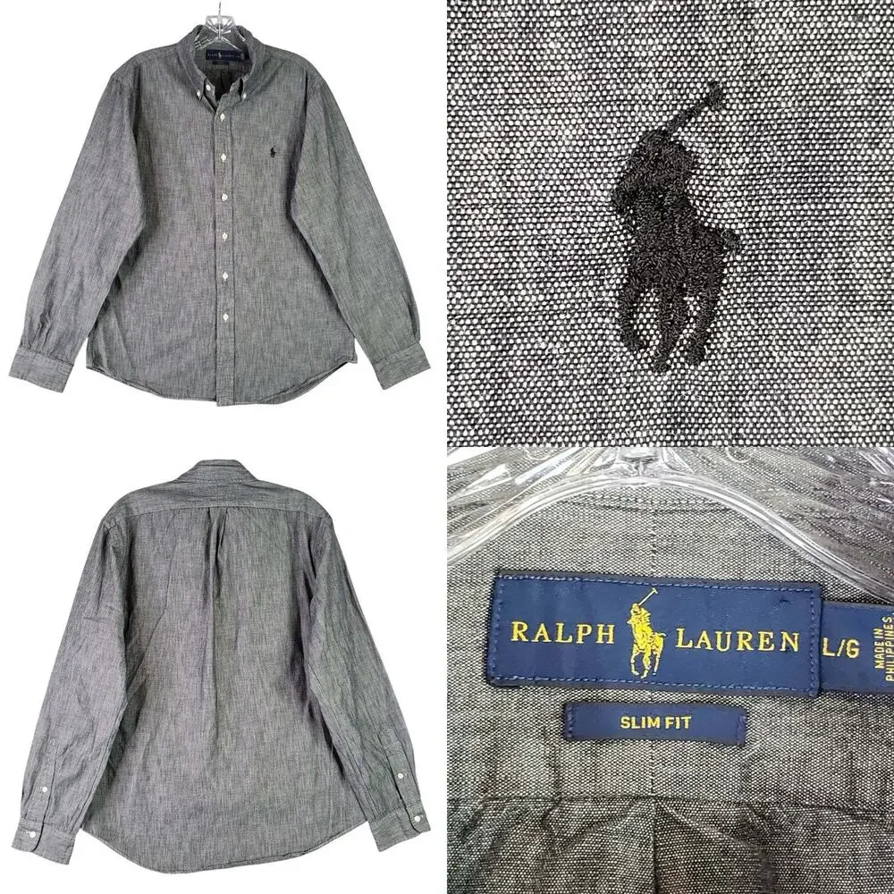 Polo Ralph Lauren Shirt LS Button Down Gray Blue Denim Texture Mens Size Large L